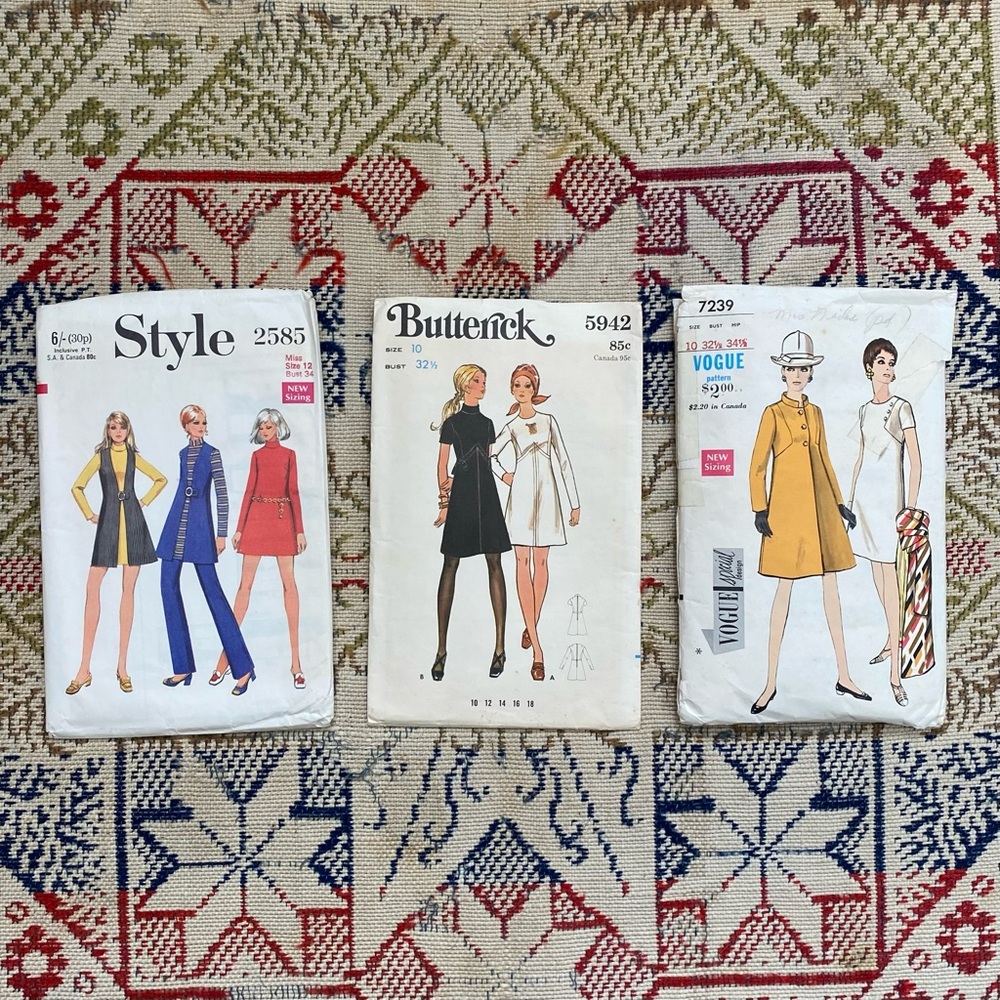 Bundle of 3 Vintage Sewing Patterns 1960s Mini Dresses Coat Vest Trousers 60s